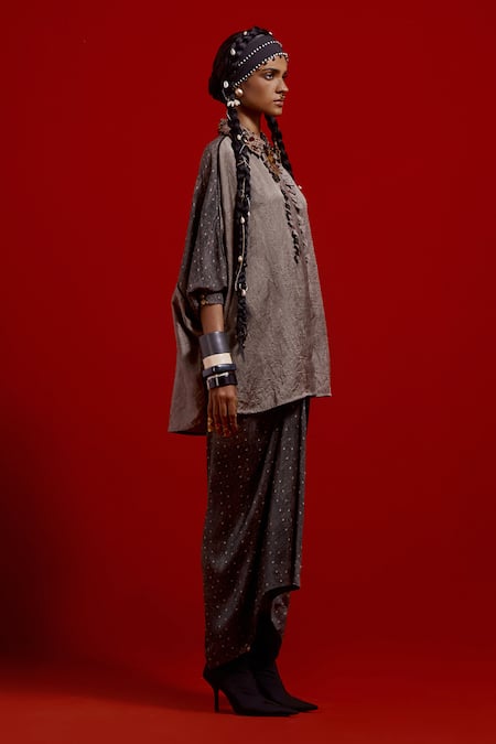 Shop_Aseem Kapoor_Gray Silk, Satin Embroidery, Ruffles Collared Mandala Shirt And Draped Skirt Set _Online_at_Aza_Fashions