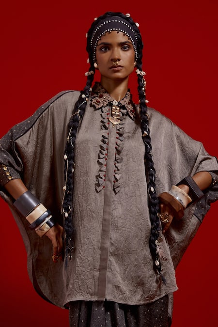 Aseem Kapoor_Gray Silk, Satin Embroidery, Ruffles Collared Mandala Shirt And Draped Skirt Set _at_Aza_Fashions