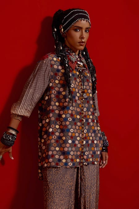 Shop_Aseem Kapoor_Gray Crepe Embroidery Collared Atri Straight Shirt And Draped Pant Set _Online_at_Aza_Fashions