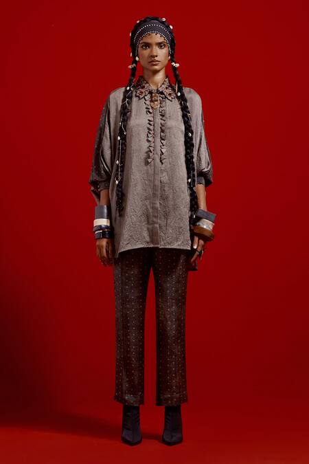 Aseem Kapoor_Gray Silk, Satin Embroidery Collared Mandala Textured Shirt And Pant Set _Online_at_Aza_Fashions