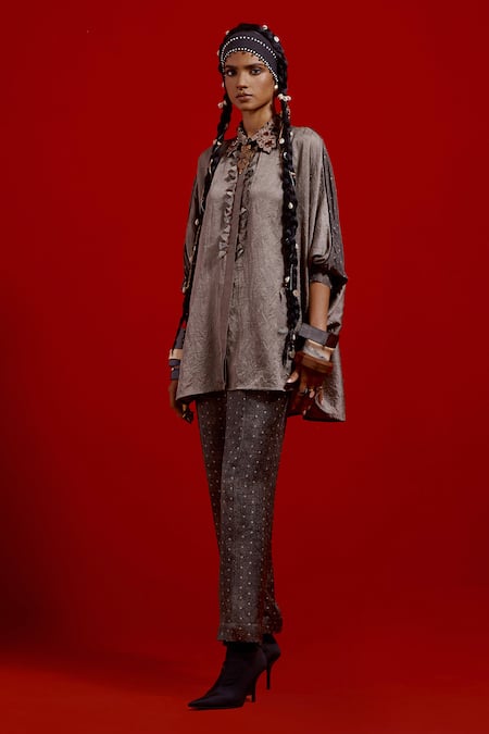 Shop_Aseem Kapoor_Gray Silk, Satin Embroidery Collared Mandala Textured Shirt And Pant Set _Online_at_Aza_Fashions