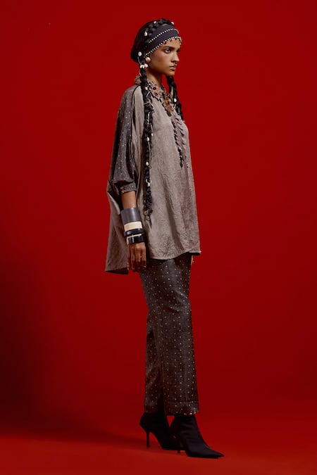 Aseem Kapoor_Gray Silk, Satin Embroidery Collared Mandala Textured Shirt And Pant Set _at_Aza_Fashions