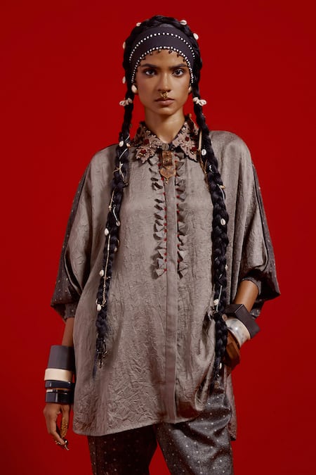 Buy_Aseem Kapoor_Gray Silk, Satin Embroidery Collared Mandala Textured Shirt And Pant Set 