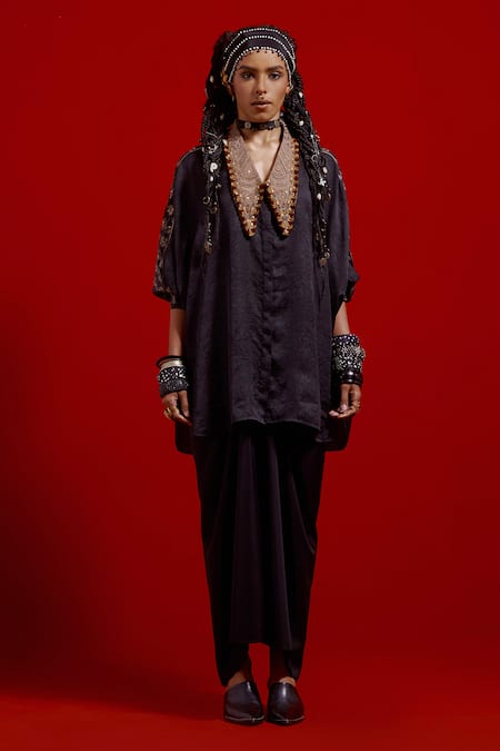 Aseem Kapoor_Black Silk Embroidery Collared Mandala Shirt And Draped Skirt Set _Online_at_Aza_Fashions