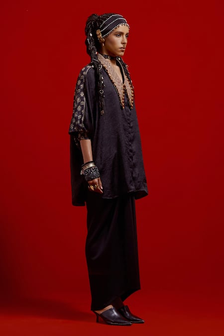 Shop_Aseem Kapoor_Black Silk Embroidery Collared Mandala Shirt And Draped Skirt Set _Online_at_Aza_Fashions