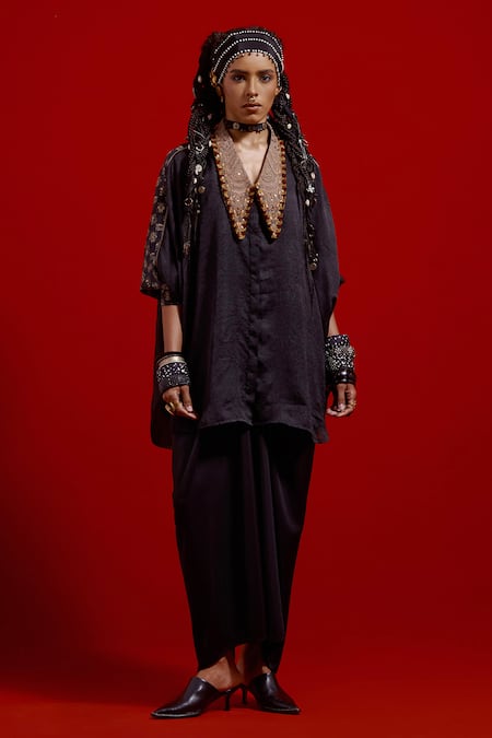 Aseem Kapoor_Black Silk Embroidery Collared Mandala Shirt And Draped Skirt Set _at_Aza_Fashions