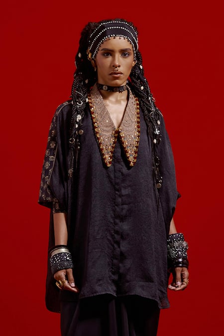 Shop_Aseem Kapoor_Black Silk Embroidery Collared Mandala Shirt And Draped Skirt Set 