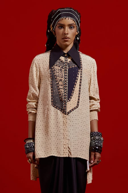 Aseem Kapoor_Beige Crepe, Satin Beads, Embroidery Collared Atri Straight Shirt And Skirt Set _Online_at_Aza_Fashions
