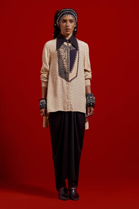 Buy_Aseem Kapoor_Beige Crepe, Satin Beads, Embroidery Collared Atri Straight Shirt And Skirt Set _Online_at_Aza_Fashions