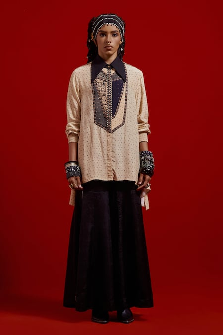 Aseem Kapoor_Beige Crepe, Silk Beads, Embroidery Collared Atri Straight Shirt And Sharara Set _Online_at_Aza_Fashions