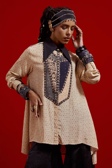 Shop_Aseem Kapoor_Beige Crepe, Silk Beads, Embroidery Collared Atri Straight Shirt And Sharara Set _Online_at_Aza_Fashions