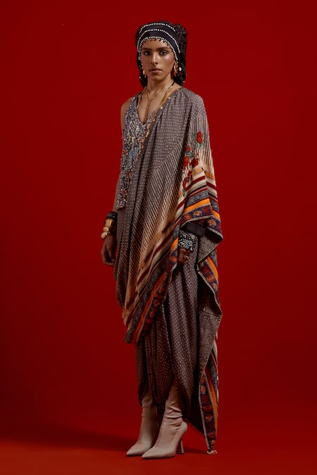 Aseem Kapoor_Gray Crinkle, Satin, Crepe Beads, Sequins Sadhvi Print Draped Saree With Top _Online_at_Aza_Fashions