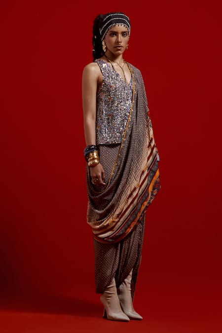 Buy_Aseem Kapoor_Gray Crinkle, Satin, Crepe Beads, Sequins Sadhvi Print Draped Saree With Top _Online_at_Aza_Fashions