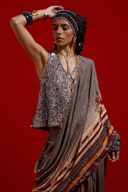 Shop_Aseem Kapoor_Gray Crinkle, Satin, Crepe Beads, Sequins Sadhvi Print Draped Saree With Top _Online_at_Aza_Fashions