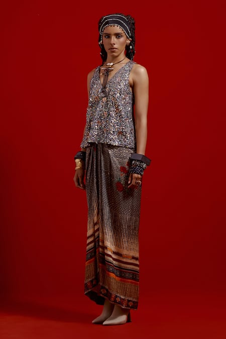 Aseem Kapoor_Gray Crinkle, Silk, Satin Embroidery, Beads, Tassels Haya Top And Skirt Set _Online_at_Aza_Fashions