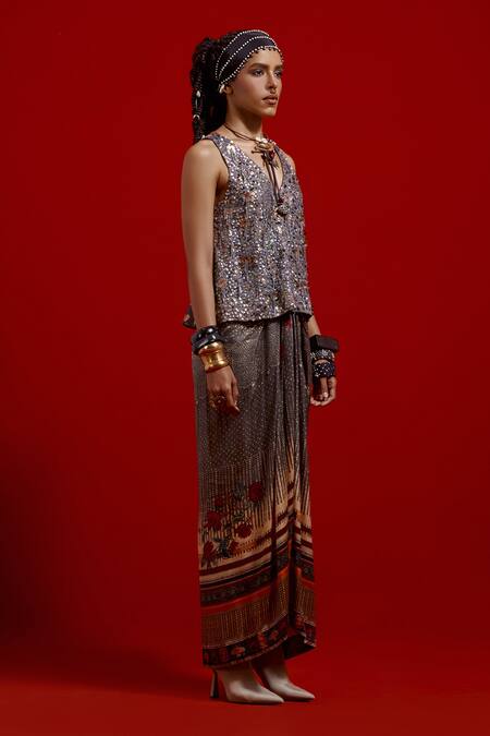 Buy_Aseem Kapoor_Gray Crinkle, Silk, Satin Embroidery, Beads, Tassels Haya Top And Skirt Set _Online_at_Aza_Fashions