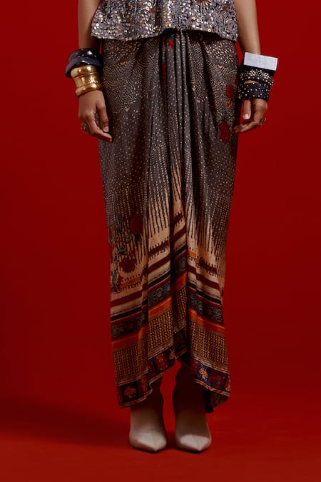 Shop_Aseem Kapoor_Gray Crinkle, Silk, Satin Embroidery, Beads, Tassels Haya Top And Skirt Set _Online_at_Aza_Fashions