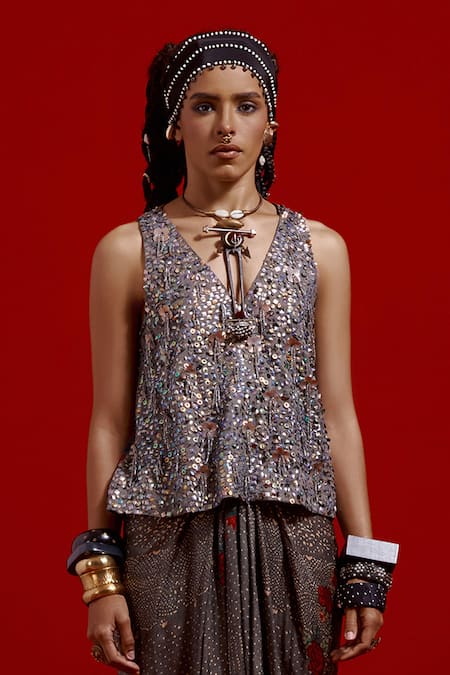 Aseem Kapoor_Gray Crinkle, Silk, Satin Embroidery, Beads, Tassels Haya Top And Skirt Set _at_Aza_Fashions