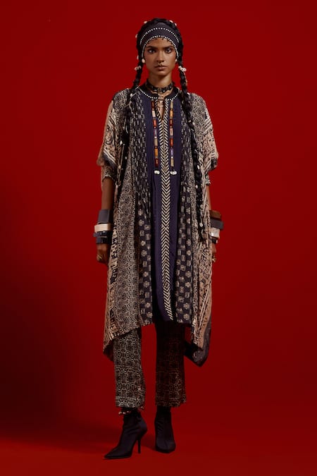 Aseem Kapoor_Gray Crepe, Satin Embroidery, Beads, Tassels Ritu Kaftan Tunic And Trouser Set _Online_at_Aza_Fashions