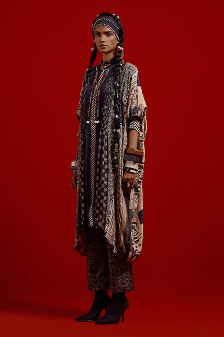 Buy_Aseem Kapoor_Gray Crepe, Satin Embroidery, Beads, Tassels Ritu Kaftan Tunic And Trouser Set _Online_at_Aza_Fashions