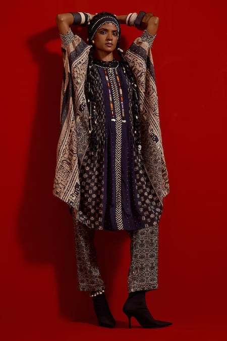 Aseem Kapoor_Gray Crepe, Satin Embroidery, Beads, Tassels Ritu Kaftan Tunic And Trouser Set _at_Aza_Fashions