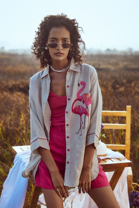 Linen Bloom Beige Flamingo Shirt 