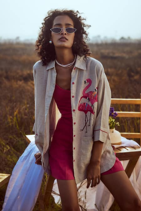Linen Bloom_Beige Linen Collared Flamingo Shirt _Online_at_Aza_Fashions