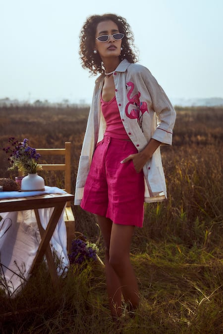 Linen Bloom Beige Flamingo Shirt 