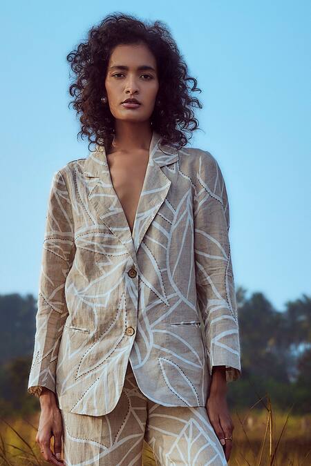 Linen Bloom_Beige Linen Printed Blazer With Pant _Online_at_Aza_Fashions