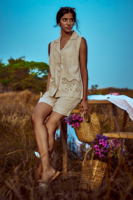 Linen Bloom Beige Cutwork Shirt 