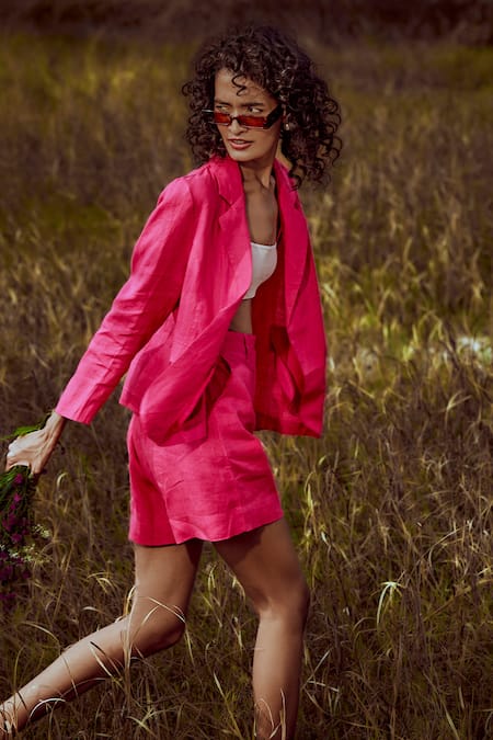 Linen Bloom Fuschia Short Blazer 