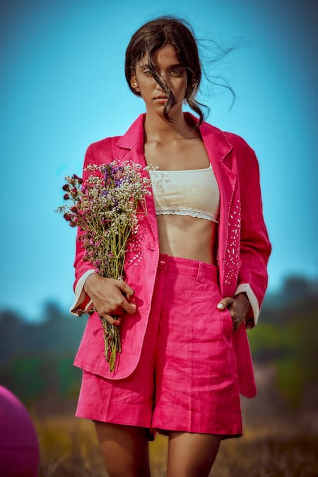 Linen Bloom_Fuchsia Linen Cut Work Blazer _Online_at_Aza_Fashions