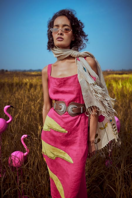 Linen Bloom Palm Leaf Embroidered Dress 