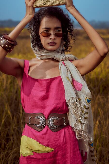 Linen Bloom_Fuchsia Linen Applique, Embroidery Square Neck Palm Leaf Dress _Online_at_Aza_Fashions