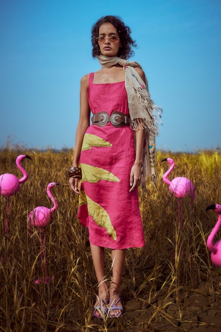 Linen Bloom Palm Leaf Embroidered Dress 