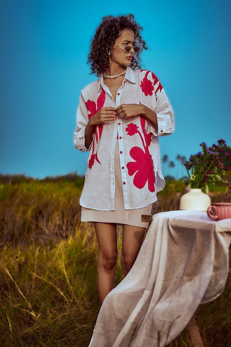 Linen Bloom Applique Embroidered Shirt 