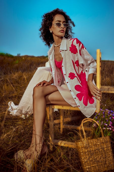 Linen Bloom Applique Embroidered Shirt 