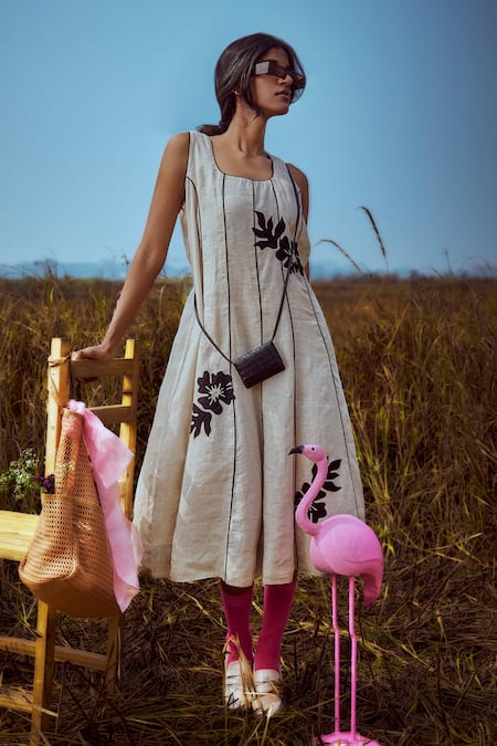 Linen Bloom Beige Panelled Dress 