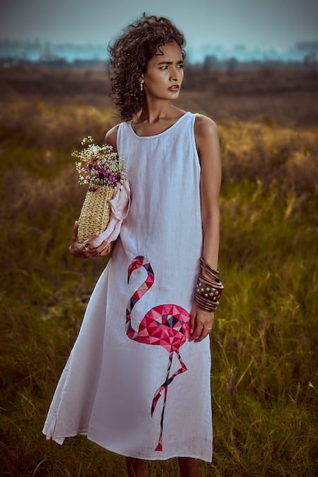 Linen Bloom Flamingo Embroidered Dress 