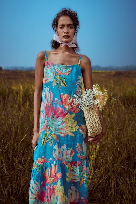 Linen Bloom_Blue Linen Square Neck Floral Print Dress _Online_at_Aza_Fashions