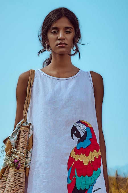 Linen Bloom Macaw Embroidered Dress 
