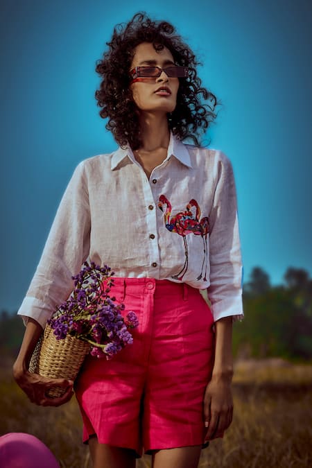 Linen Bloom Flamingo White Shirt 