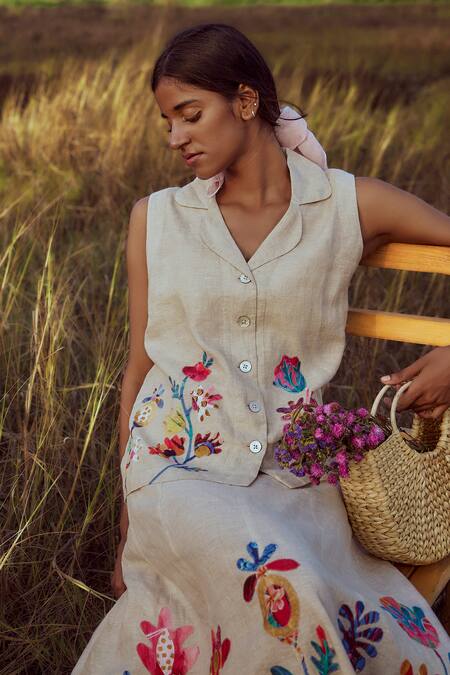 Linen Bloom_Beige Linen Applique, Embroidery Floral Pattern Skirt _Online_at_Aza_Fashions