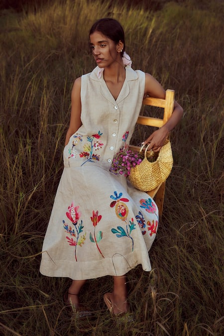 Linen Bloom Applique Embroidered Shirt 