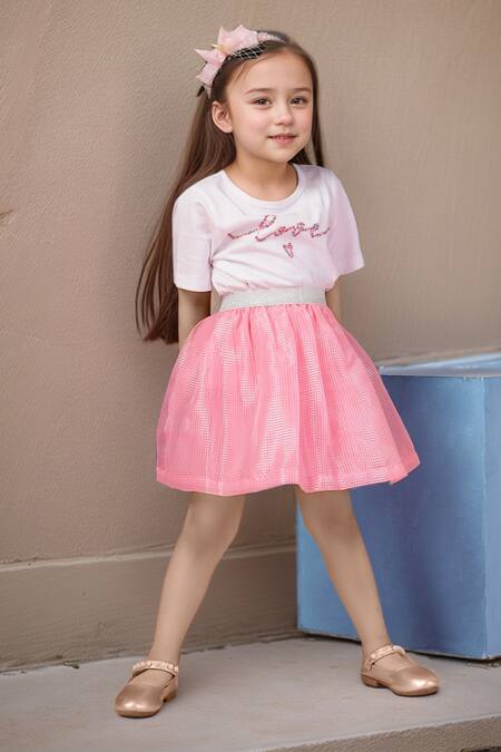Shop_Petite Pomme_White Cotton, Polyester, Net Sequins Pink Gingham Skirt And Love Print Top Set _Online_at_Aza_Fashions
