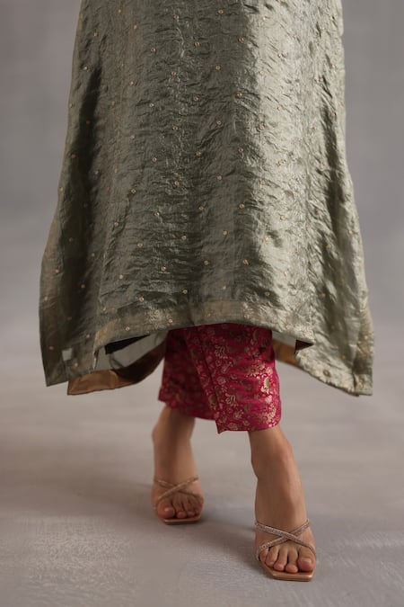 Begum Green Satin, Tissue, Brocade, Silk Gota Chakra Embroidered Kurta And Pant Set at Aza Fashions Begum_Green Satin, Tissue, Brocade, Silk Gota Chakra Embroidered Kurta And Pant Set _at_Aza_Fashions