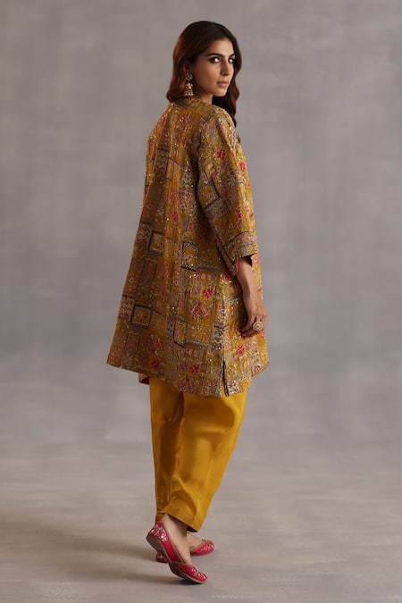 Begum_Yellow Silk Sequins, Zari Split V-neck Raag Embroidered Kurta And Salwar Set _Online_at_Aza_Fashions
