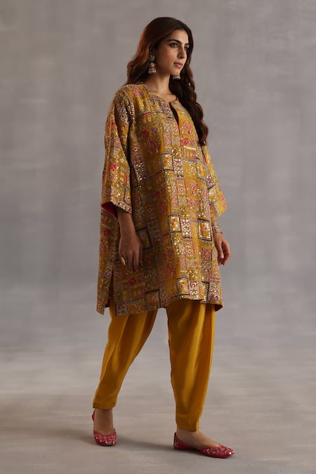 Buy_Begum_Yellow Silk Sequins, Zari Split V-neck Raag Embroidered Kurta And Salwar Set _Online_at_Aza_Fashions