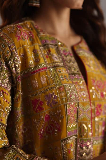 Shop_Begum_Yellow Silk Sequins, Zari Split V-neck Raag Embroidered Kurta And Salwar Set _Online_at_Aza_Fashions