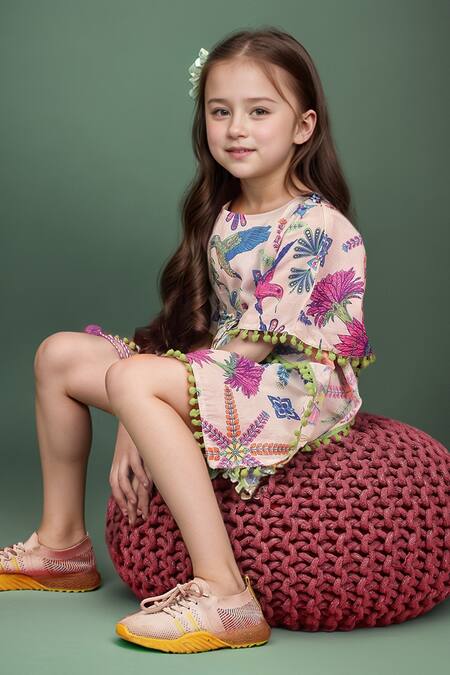 Petite Pomme_Multi Color Cotton Pom-poms Embroidered Kaftan Dress _Online_at_Aza_Fashions